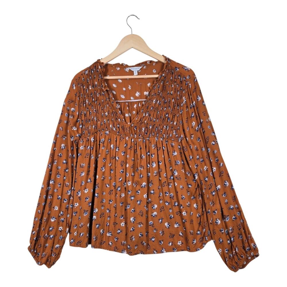 Lucky Brand Top 1X Rust Floral Peasant Boho Cottagecore Prairie Smocked